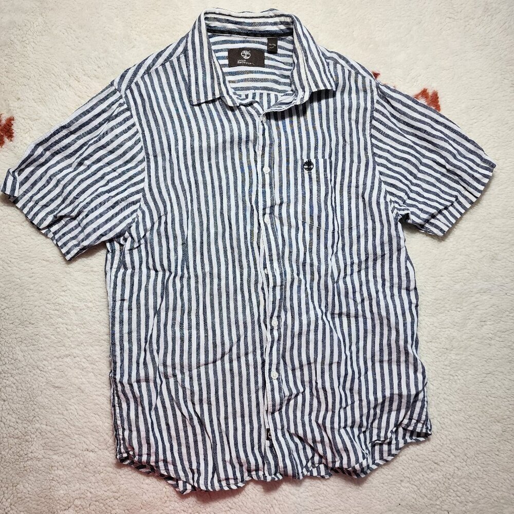 Timberland Earthkeepers Button Up Shirt XL Regular Fit White Striped Embroidered